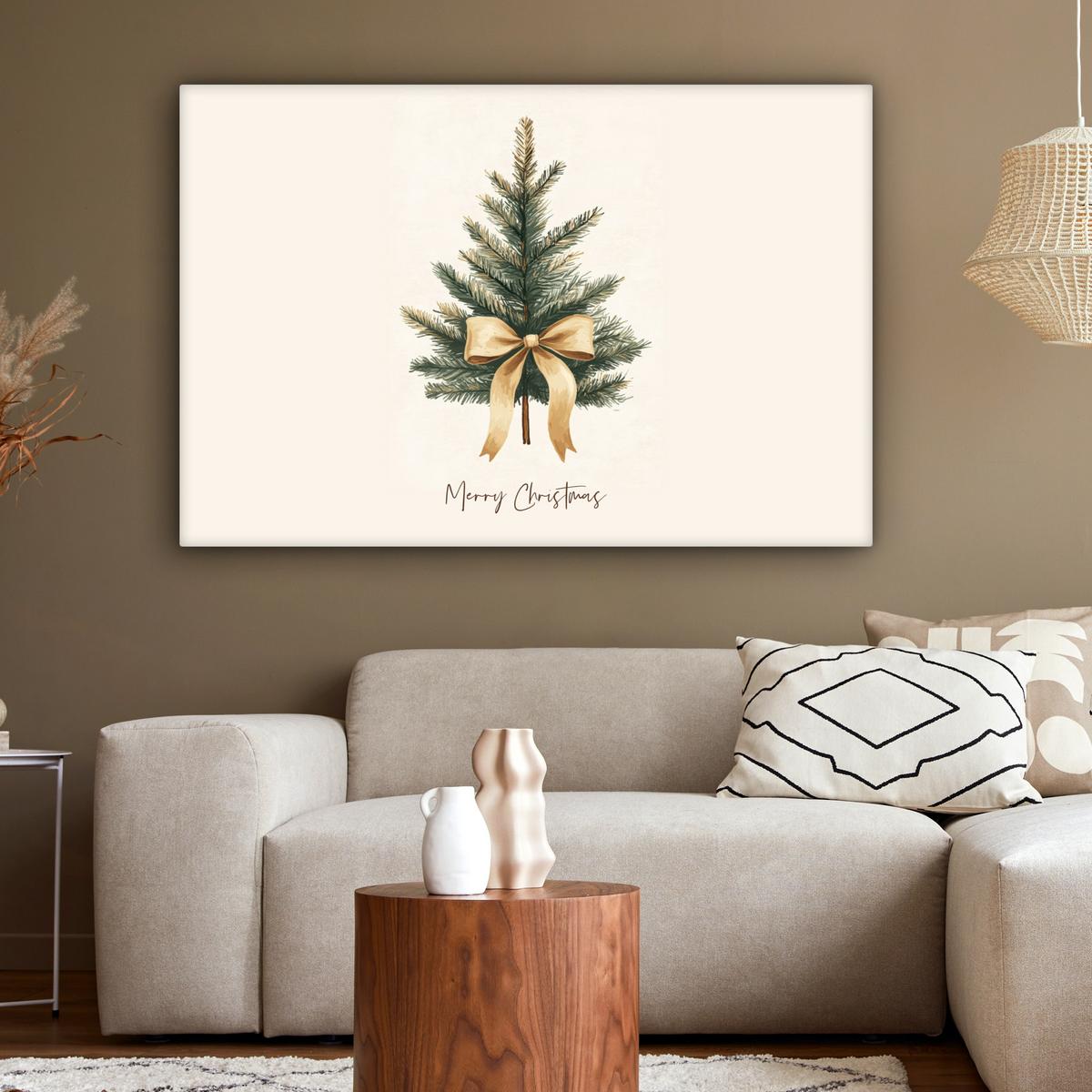 LEINWANDBILD Weihnachtsbaum - Weihnachten - Frohe Weihnachten - Beige Groß 140x90 cm - Sandfarben, Textil (140/90cm) - MuchoWow