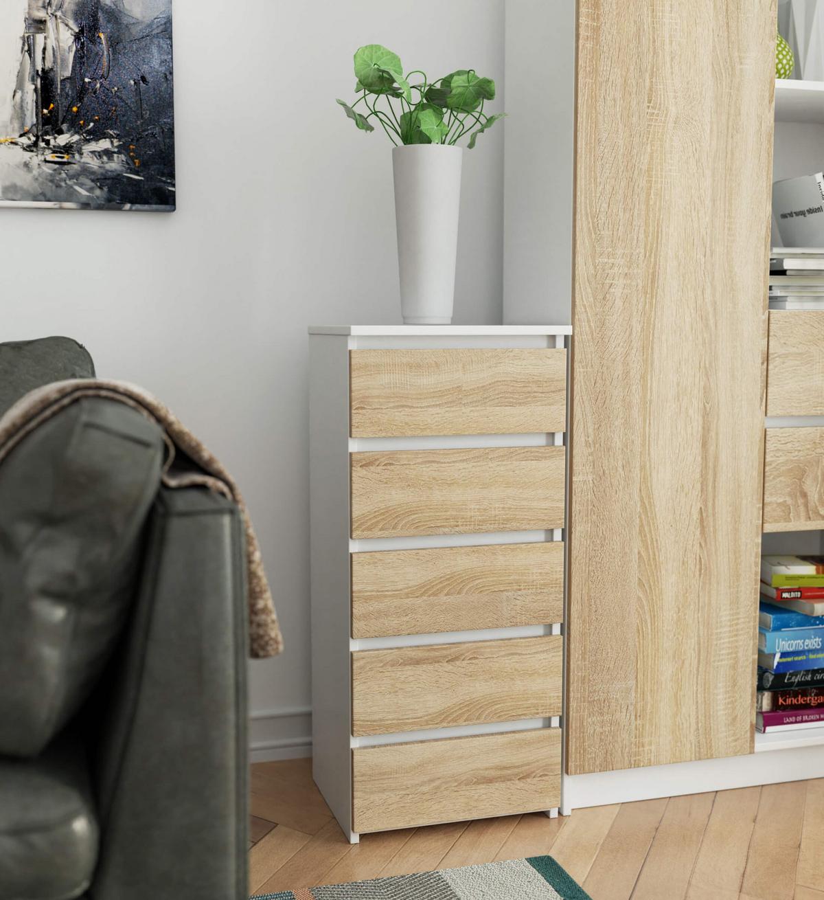 KOMMODE Weiß, Eiche Sonoma 92/40/35 - Weiß, Holzwerkstoff (40/92/35cm) - RAUMHIRSCH FURNITURE