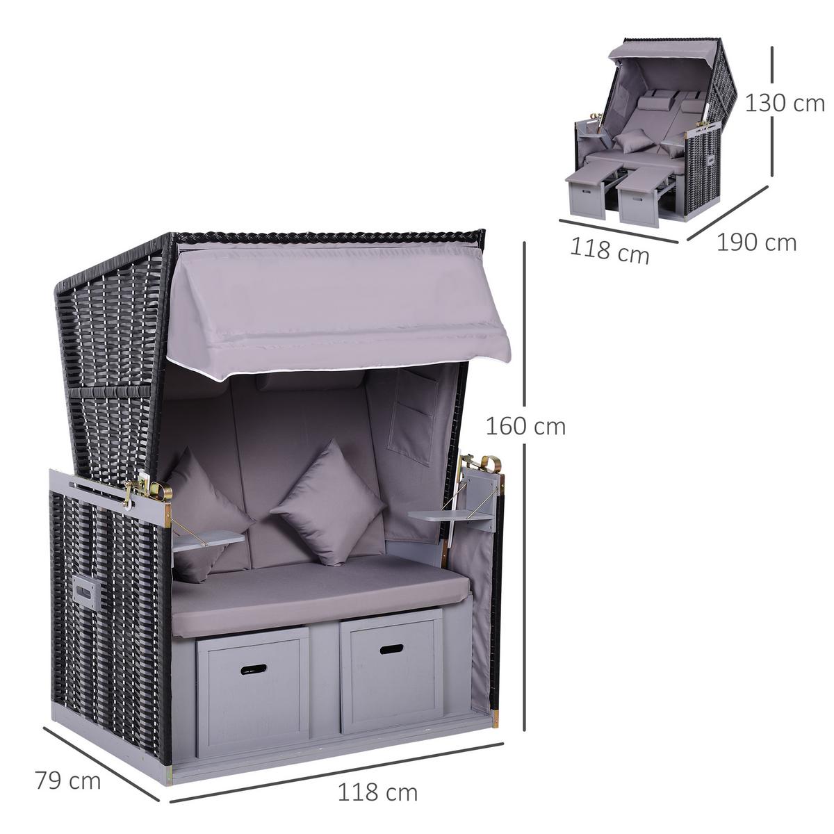 GARTENLIEGE PE Rattan Grau 118 x 79 x 50 cm - Grau, Kunststoff (79/150/118cm) - Outsunny