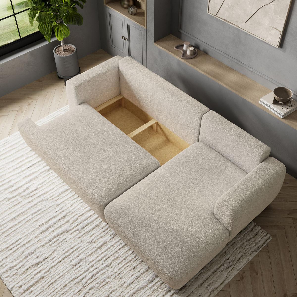 ECKSOFA SENTI N R-S Creme Boucle-Stoff mit Schlaffunktion - Creme/Schwarz, Holz/Kunststoff (246/148cm) - MASSENO