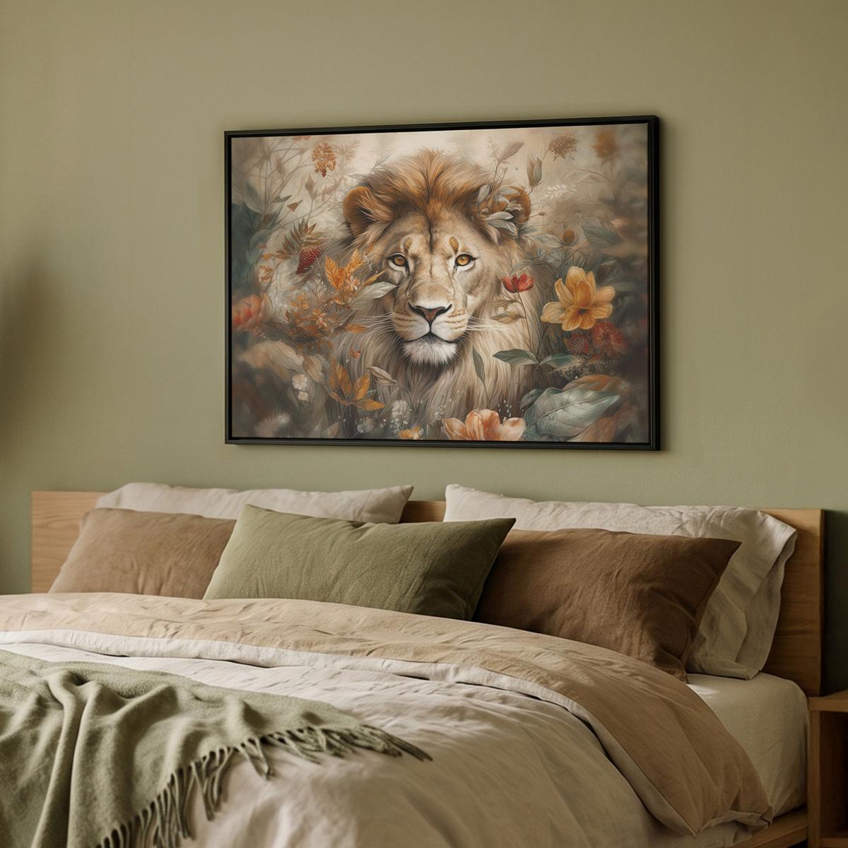 LEINWAND Bilder mit Rahmen - Löwe - Wildtiere - Pflanzen - Natur - Blumen - 80x60 - Beige, Textil (80/60cm) - MuchoWow