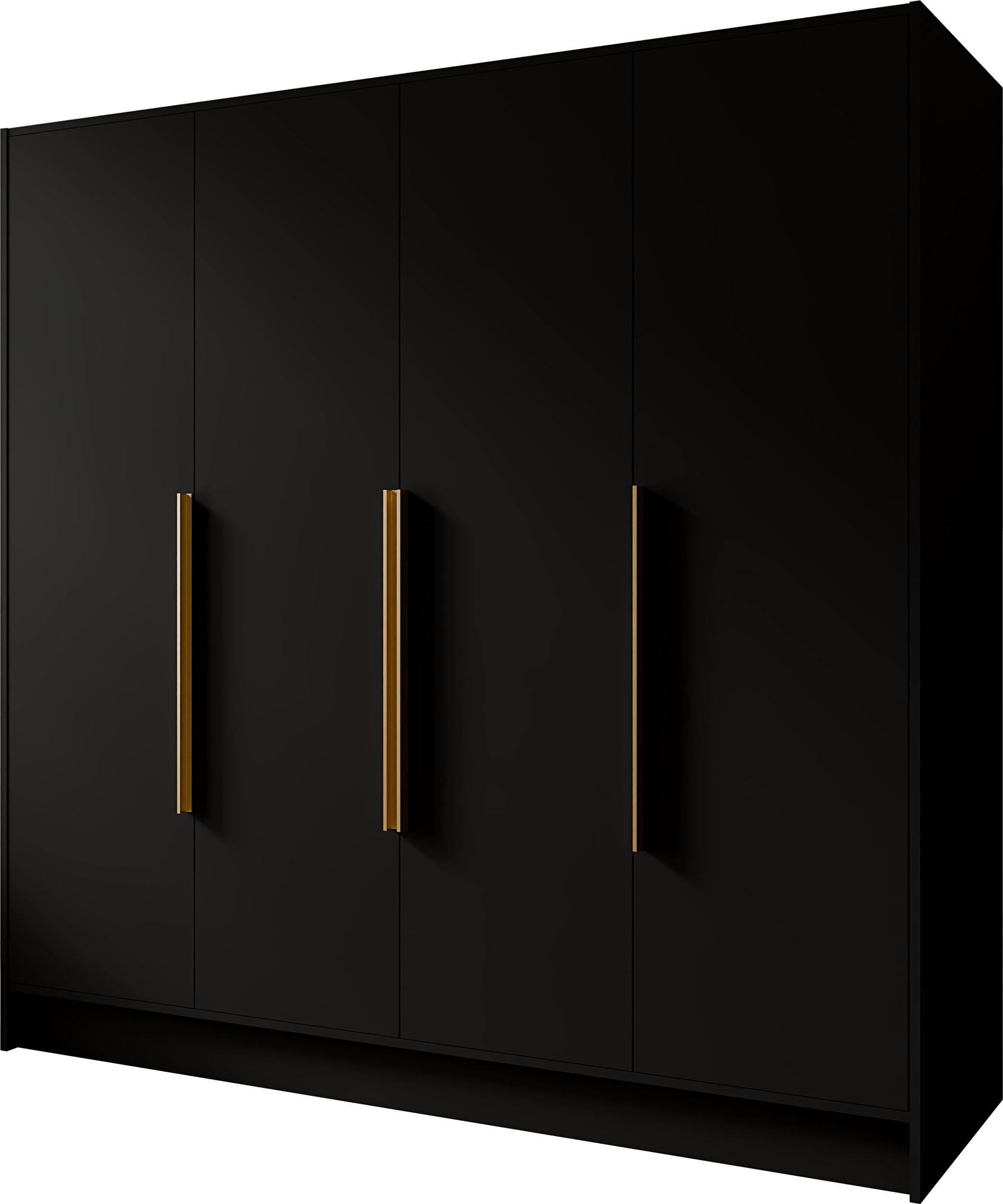 KLEIDERSCHRANK Mono Bis im Skandi-Stil, Drehtüren mit Goldene Metallgriffe, Schwarz 200/200/51 cm - Goldfarben/Schwarz, Holzwerkstoff (200/200/51cm) - WFL GROUP