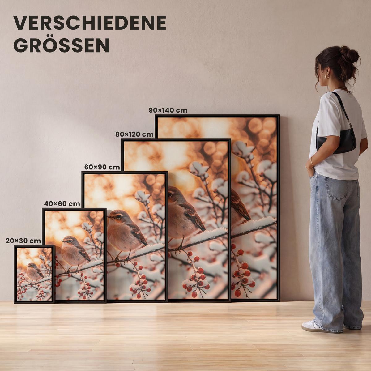LEINWAND Bilder mit Rahmen - Vogel - Zweig - Winter - Tiere - Schnee - 20x30 - Bernsteinfarben, Textil (20/30cm) - MuchoWow