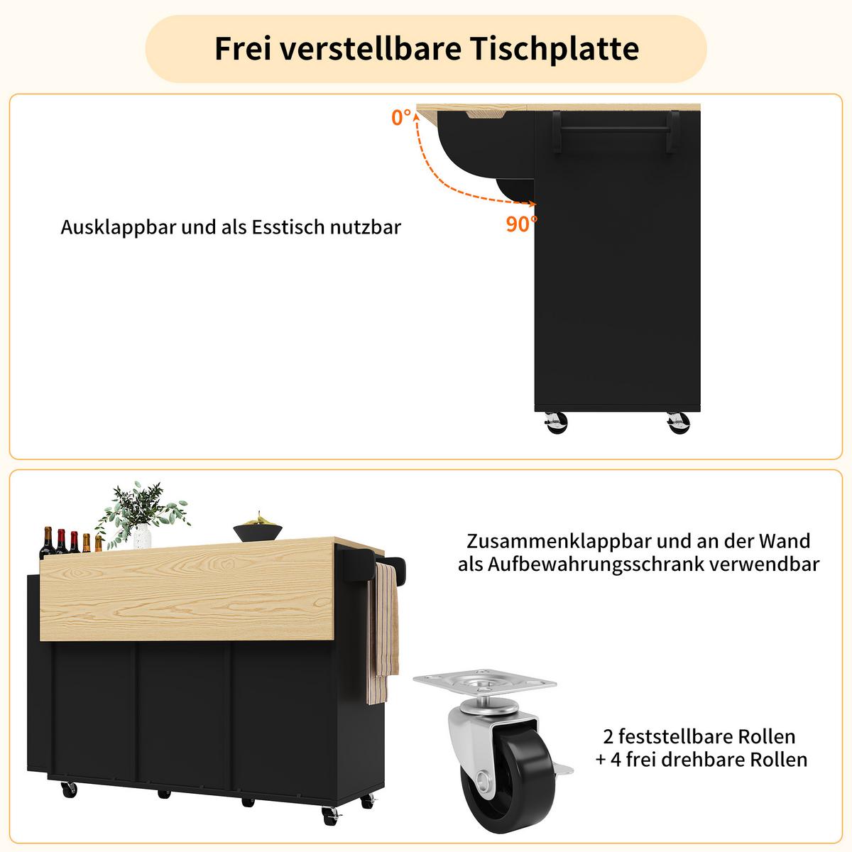 KÜCHENINSEL Schwarz auf Rollen mit Klappbarer Arbeitsplatte & Schiebetüren - Schwarz, Holzwerkstoff (110/90/42cm) - Urban Meuble