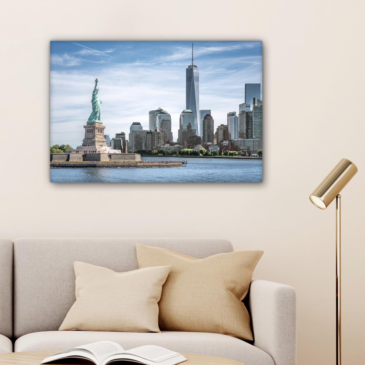 LEINWANDBILD New York - Freiheitsstatue - Wasser Gemälde 60x40 cm - Hellblau, Textil (60/40cm) - MuchoWow