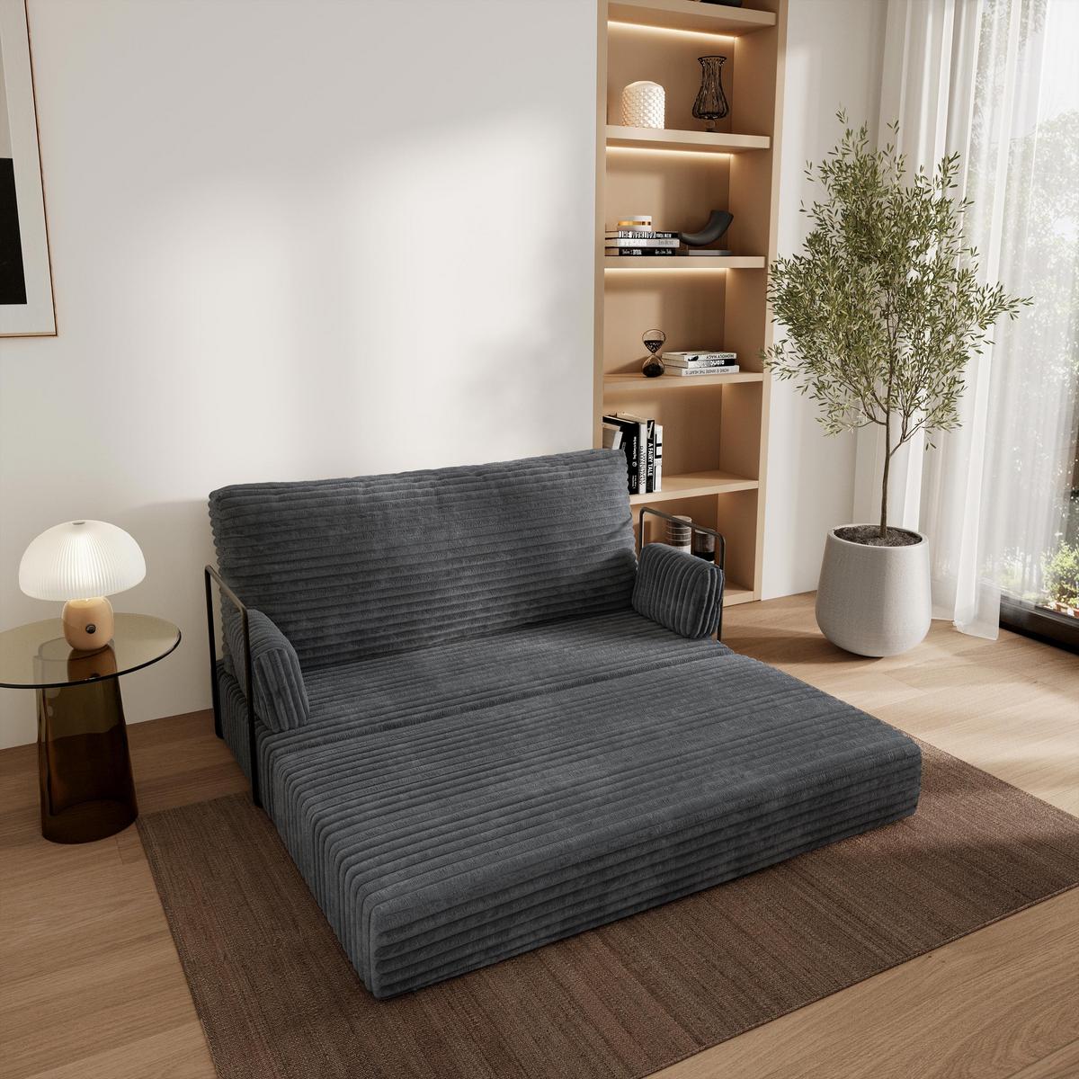 BETTSOFA LADIA aus Schaumstoff Kordstoff Grau Schlaffunktion - Dunkelgrau, Textil (140/86/60cm) - MASSENO