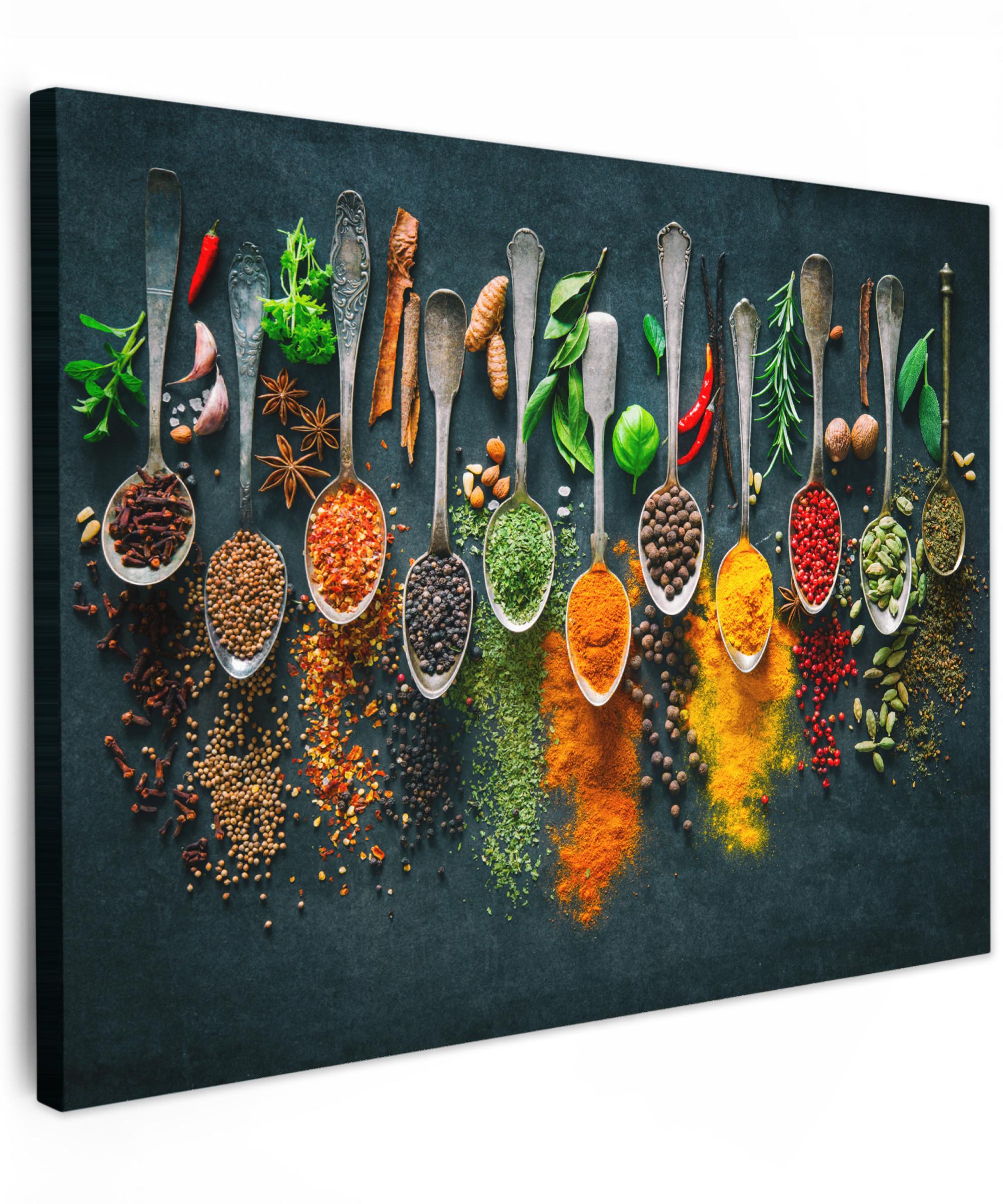 LEINWANDBILD Kräuter - Gewürze - Löffel Wandbilder 80x60 cm - Currygelb, Textil (80/60cm) - MuchoWow