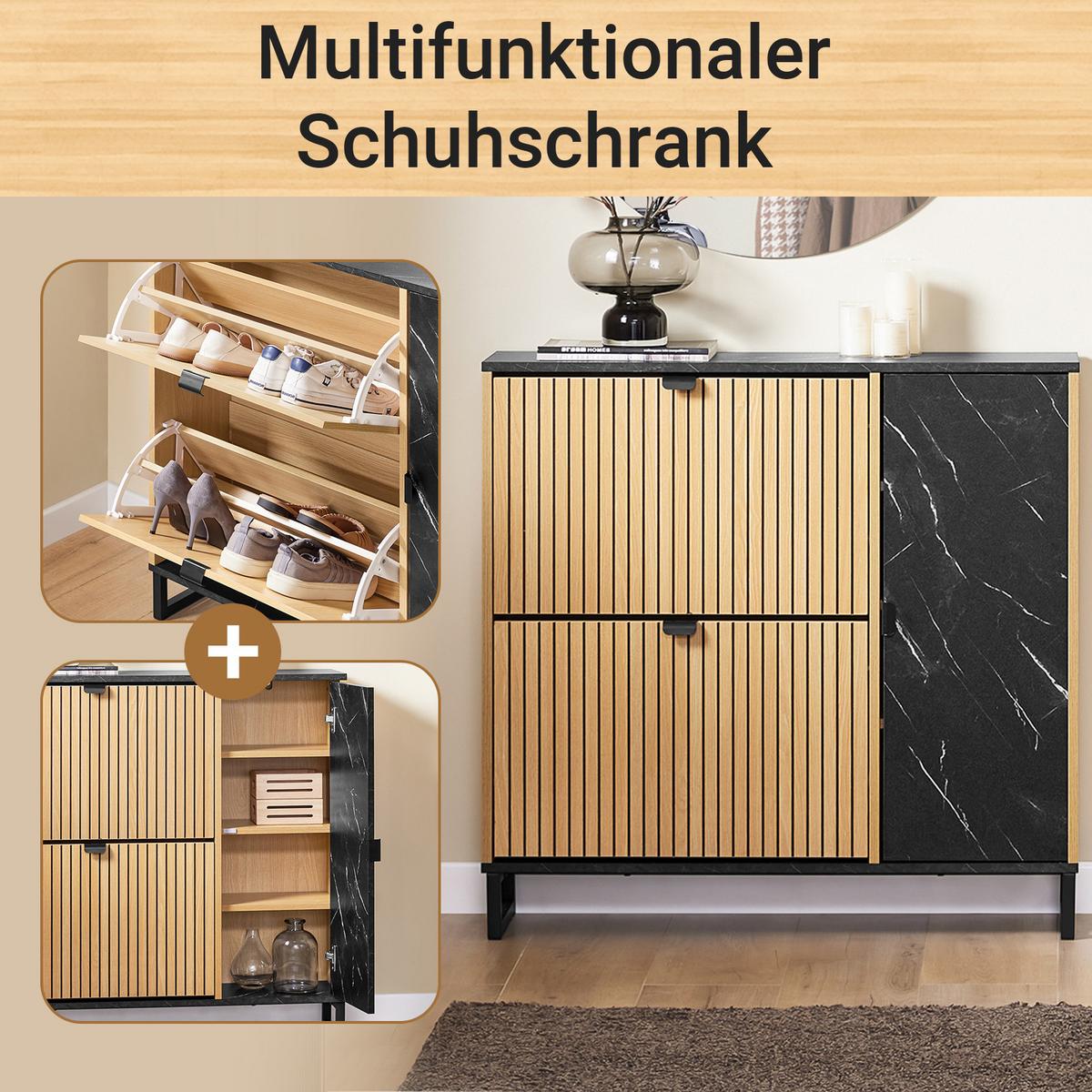 SCHUHSCHRANK Schmal, Holzoptik & Schwarz mit Marmor - Naturfarben, Holzwerkstoff (90/88/24cm) - SoBuy