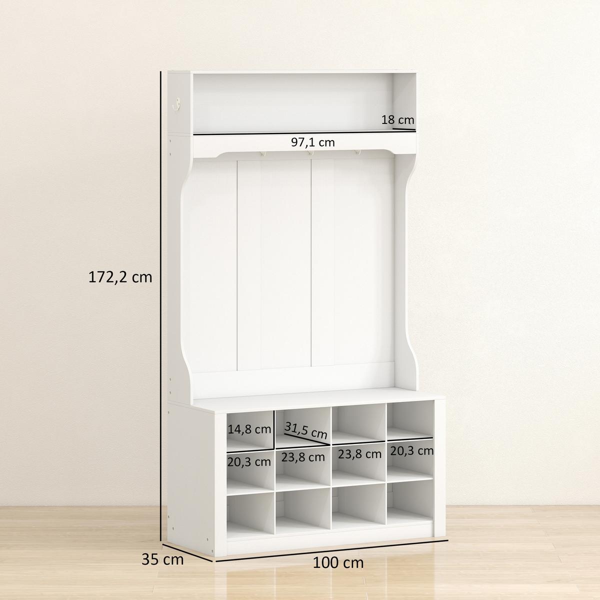 GARDEROBENSTÄNDER mit Sitzbank Kleiderständer mit Schuhregal 6 Haken - Weiß, Holzwerkstoff (100/172.2/35cm) - HOMCOM