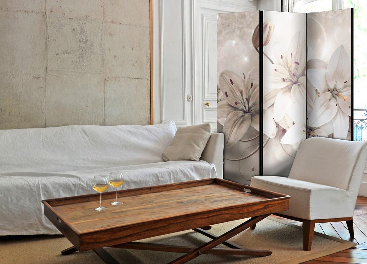 PARAVENT Akustik 3-tlg 135x172 cm Wei e Lilienbl ten Abstraktion - Beige, Holz/Textil (135/172/3cm) - Muralo
