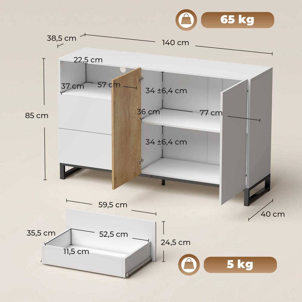 SIDEBOARD Spanplatte Stahl Weiß Eiche - Eichefarben/Schwarz, Holzwerkstoff/Metall (40/85/140cm) - HOMCOM