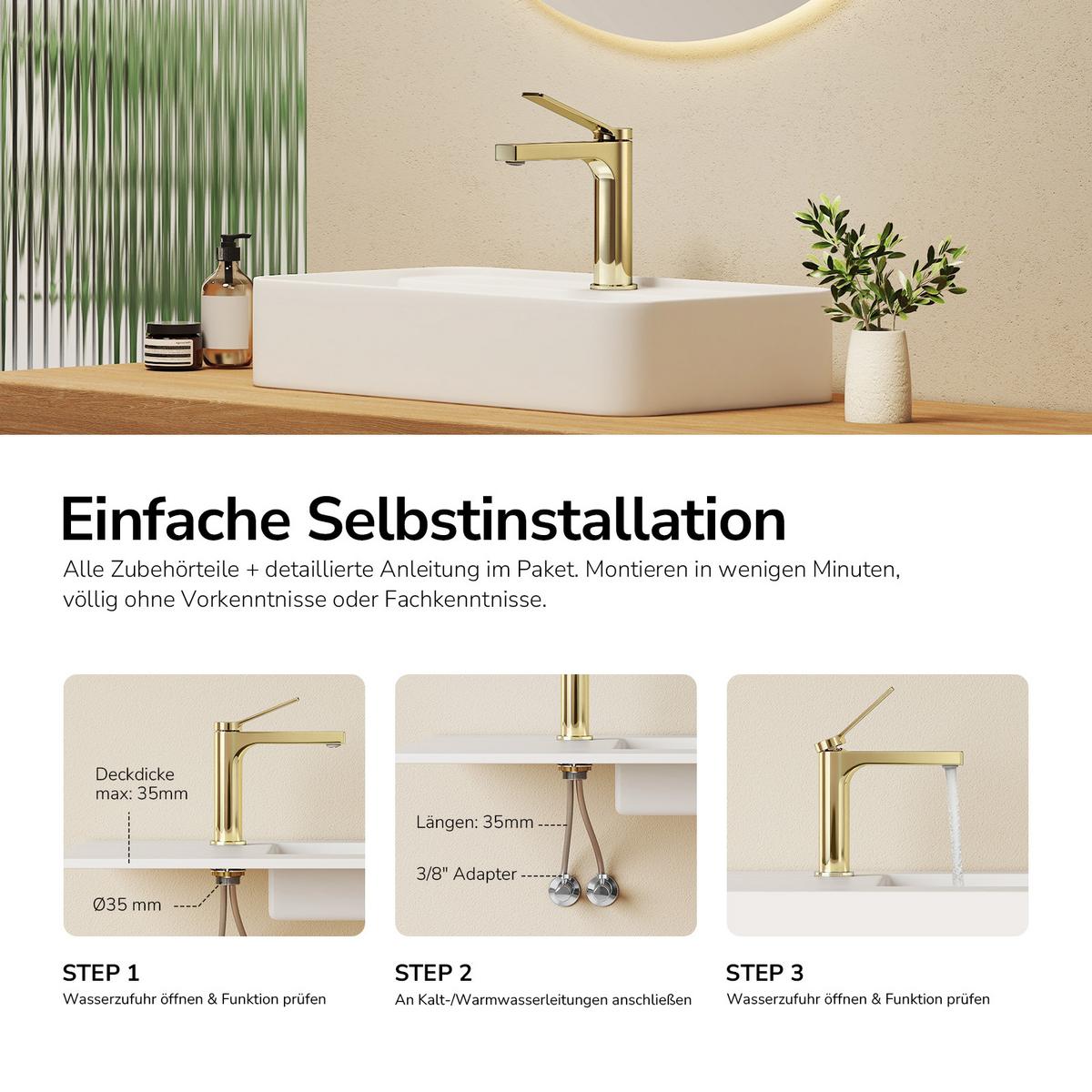 WASCHTISCHARMATUR mit Spulen-Zertifiziertem Filterelement Champagnergold 17,3/19,5 cm - Goldfarben, Metall (17.3/4.6/19.5cm) - EMKE