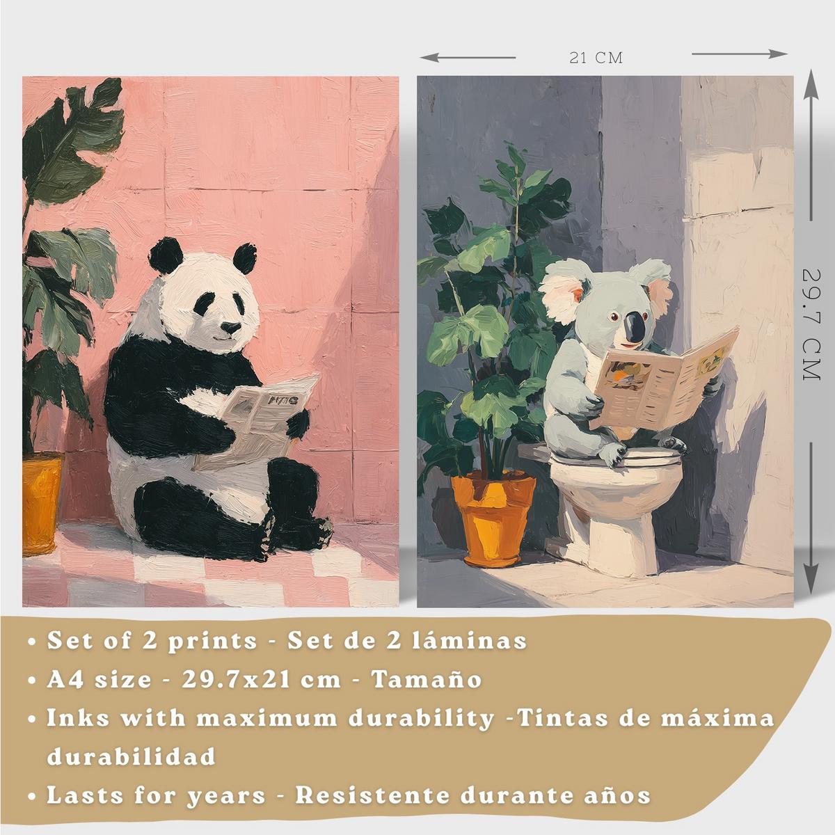 POSTER 2er-Set dekorative Badezimmer-Kunstdrucke und lustige für Wand, Toilette mit lesenden Tieren im Badezimmer, Stil Schwarzer Rahmen A4 - Schwarz, Papier (29.7/21/3cm) - Nacnic