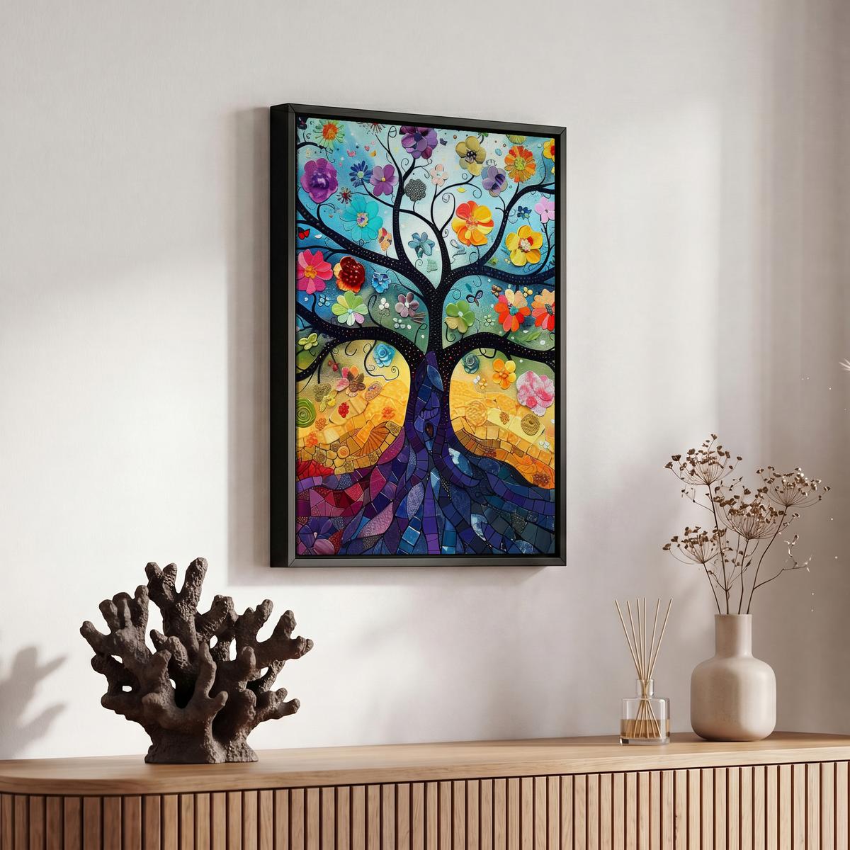 LEINWAND Bilder mit Rahmen - Kunst - Baum des Lebens - Blumen - Hippie - 20x30 - Dunkelblau, Textil (20/30cm) - MuchoWow