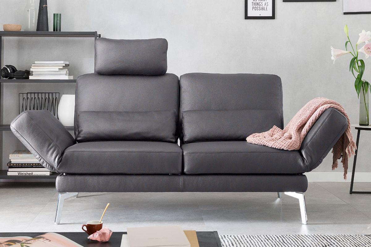 LEDERSOFA HURRICANE Grau Leder - Dunkelgrau/Silberfarben, Leder (170/87/141cm) - KAWOLA