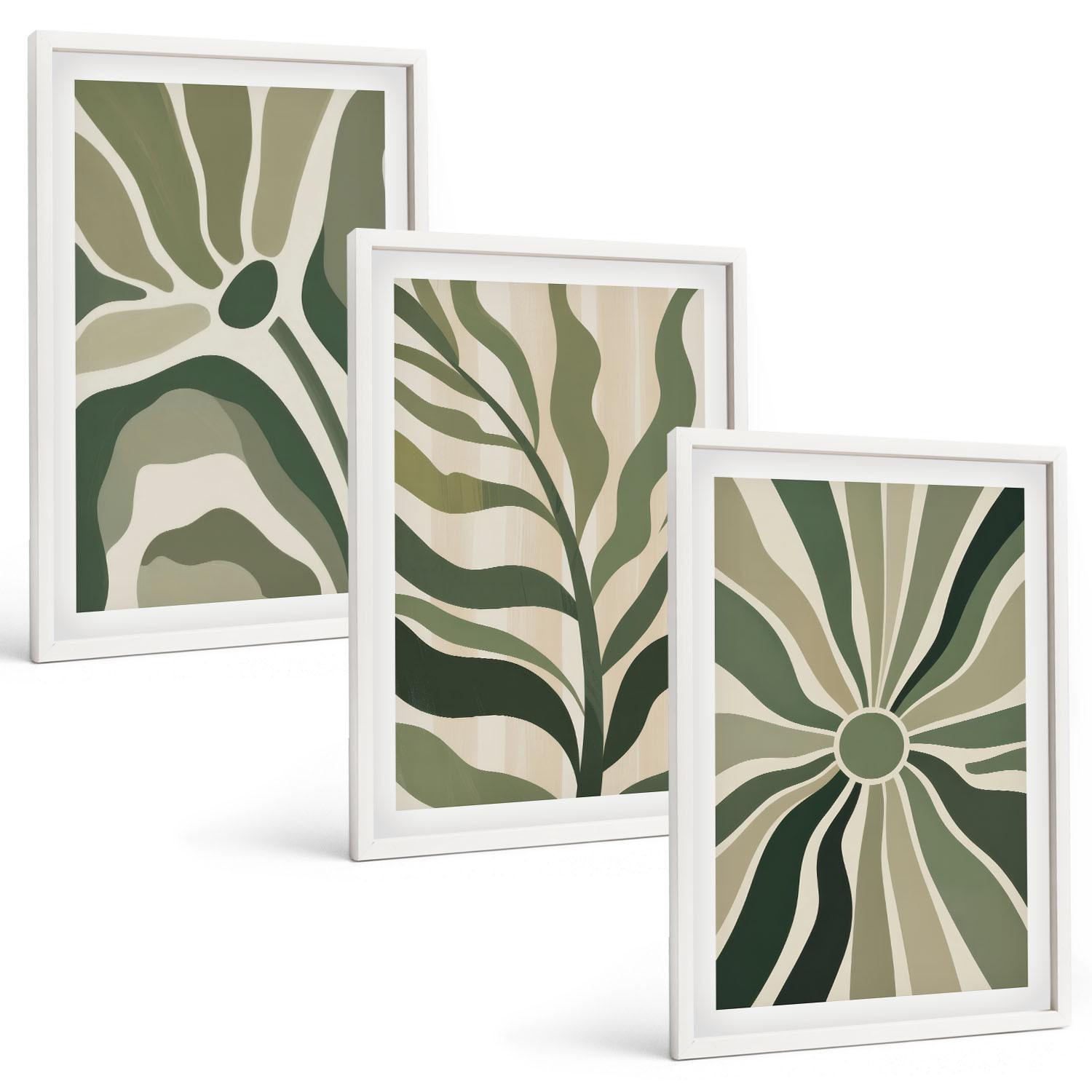 BILDER SET 3er Set - 40x60 cm Weißer Rahmen - Grüne und beige Pflanzenmuster - Weiß, Kunststoff (40/60cm) - TULUP
