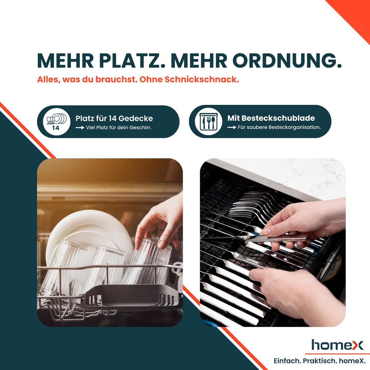 GESCHIRRSPÜLER teilintegrierbar 60 cm, Einbau Spülmaschine - 14 Maßgedecke, 7 Programme, AquaStop, 44 dB - Silberfarben, Kunststoff/Metall (59.8/81.5/57cm) - homeX