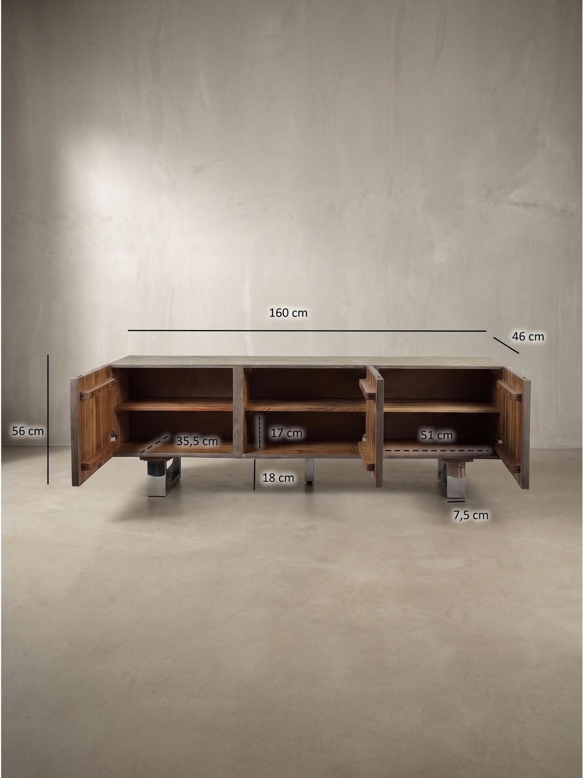 LOWBOARD GRIPSHOLM, Akazie Massivholz, handgefertigt, Akazie-Grau, 160 x 46 x 56 cm - Chromfarben/Grau, Holz/Metall (160/56/46cm) - KADIMA DESIGN