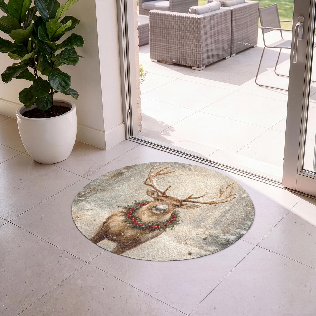 FUSSMATTE Weihnachten - Rentier - Winter - Kranz Flurteppich 90x90 cm - Braun, Kunststoff (90/0.4cm) - MuchoWow