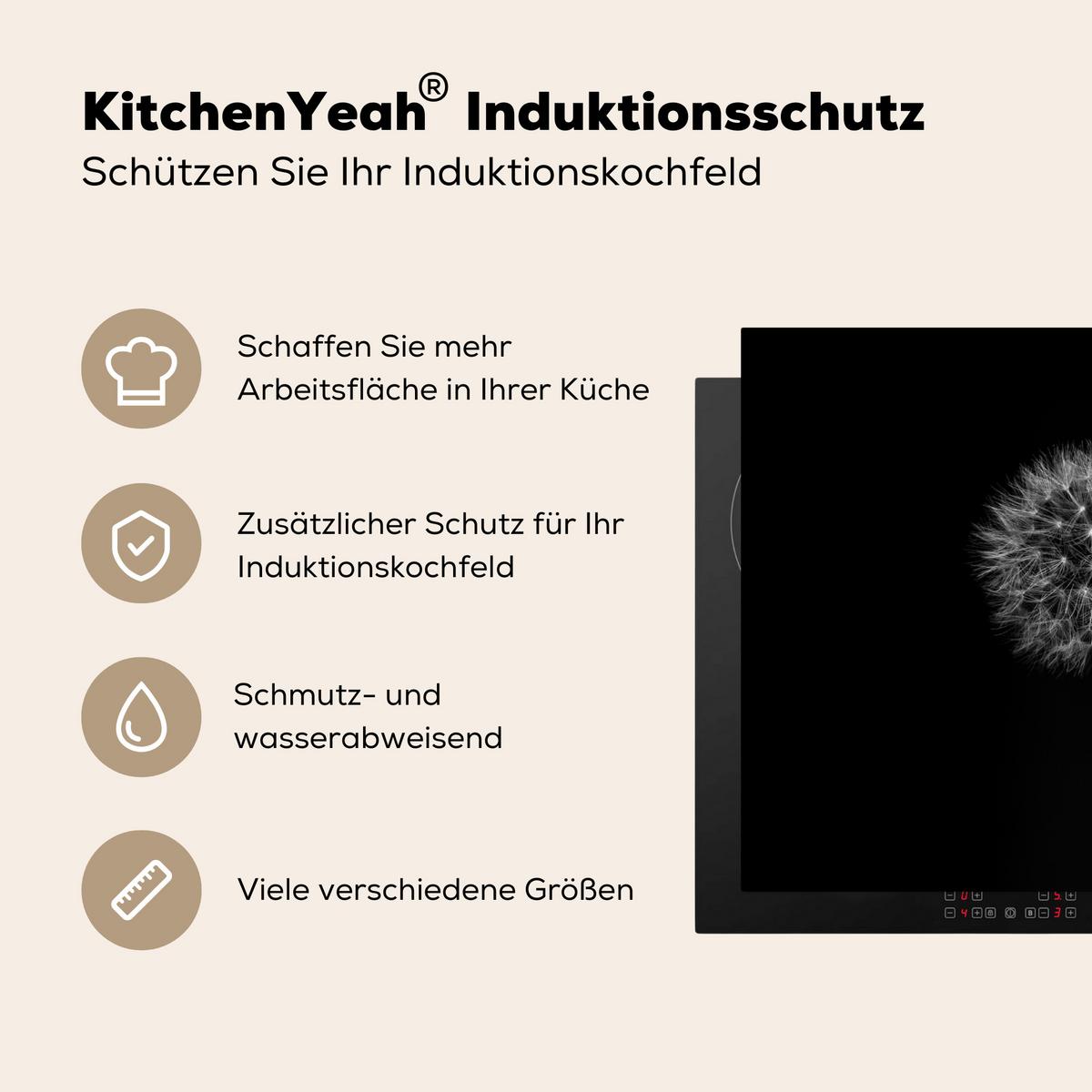 HERDABDECKPLATTE Löwenzahn - Schwarz - Floral - Botanisch Herdabdeckung Induktionsfeld 70x52 cm - Grau, Kunststoff (70/52/0.2cm) - MuchoWow