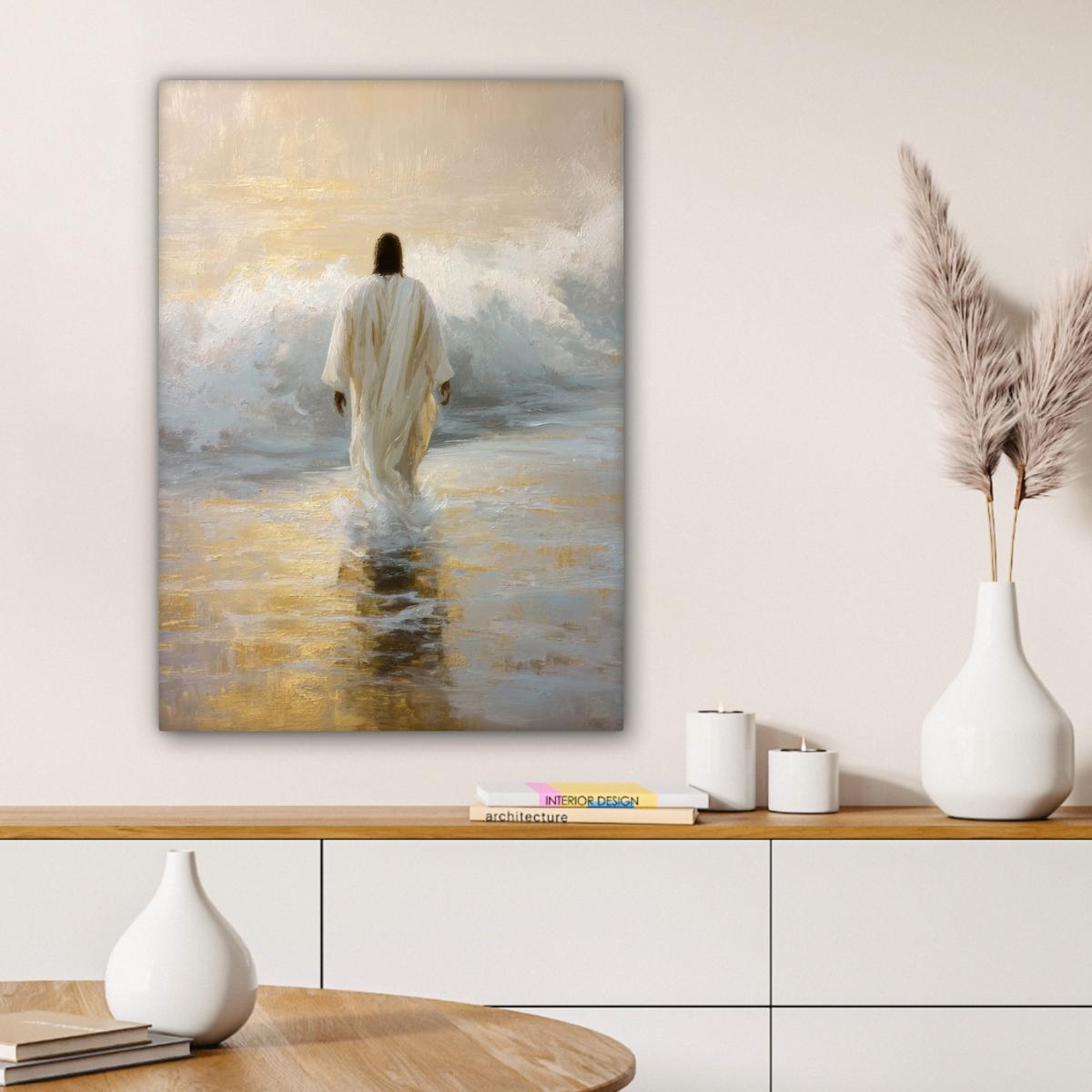 LEINWANDBILD Gemälde - Welle - Jesus - Abstrakt Wandbild Wohnzimmer 60x80 cm - Goldfarben, Textil (60/80cm) - MuchoWow