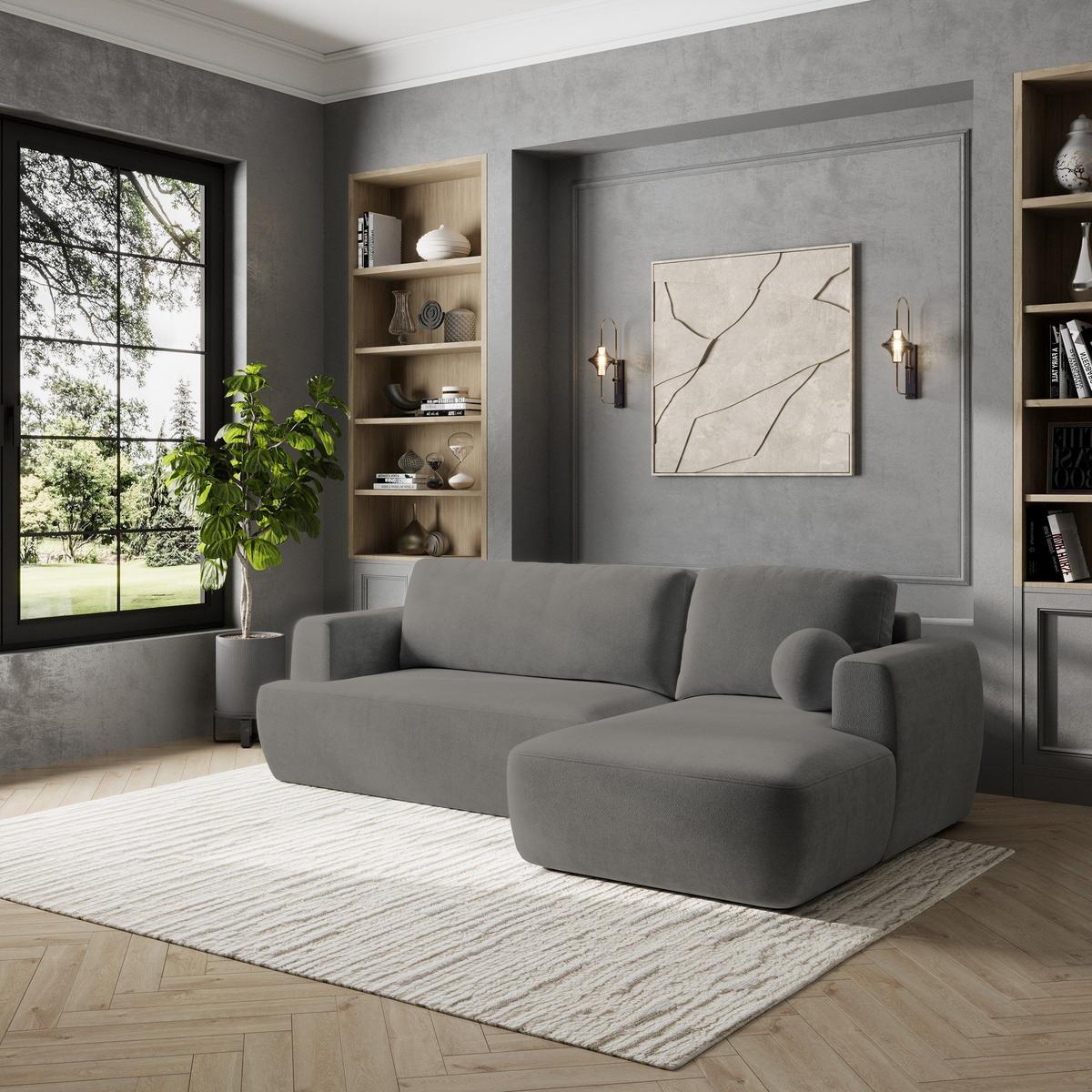 ECKSOFA SENTI K R-S Grau Plüsch-Stoff mit Schlaffunktion - Schwarz/Grau, Holz/Kunststoff (246/148cm) - MASSENO