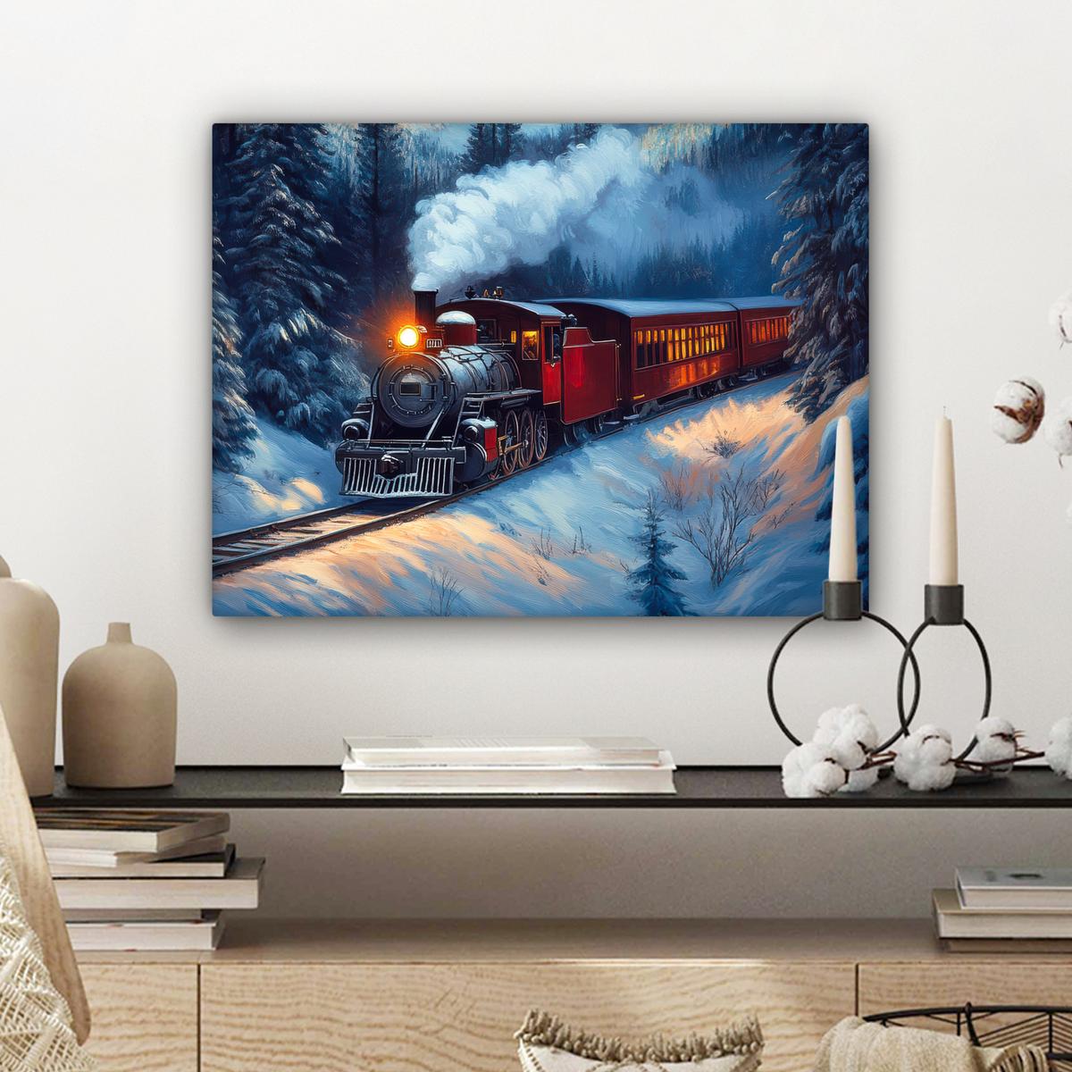 LEINWANDBILD Zug - Weihnachten - Schnee - Weihnachtszug Wandbild 40x30 cm - Anthrazit, Textil (40/30cm) - MuchoWow