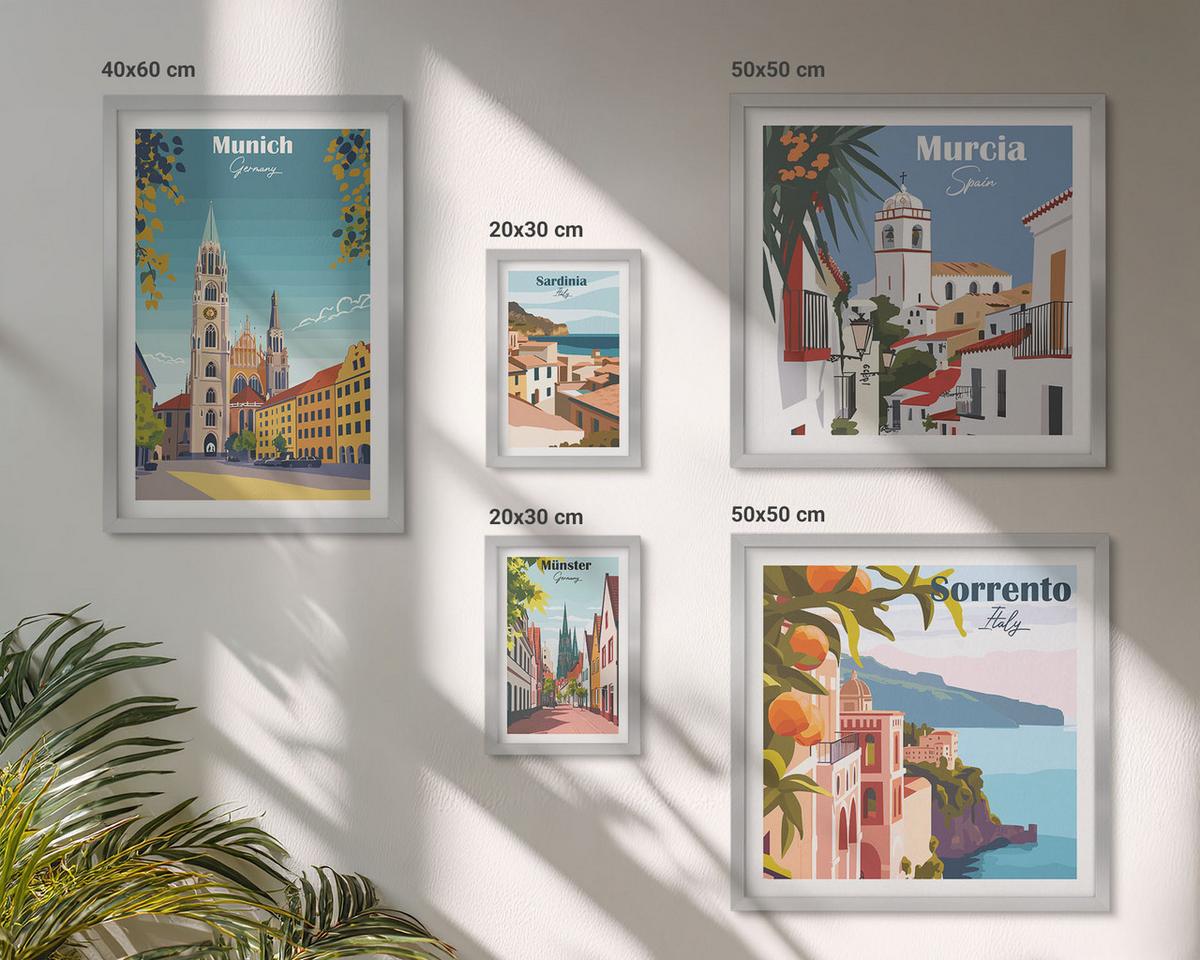 BILDER SET 5er Set - 50x50 cm & 20x30 cm & 40x60 cm Silberner Rahmen - Retro-Stadtillustrationen - Silberfarben, Kunststoff (40/60cm) - TULUP