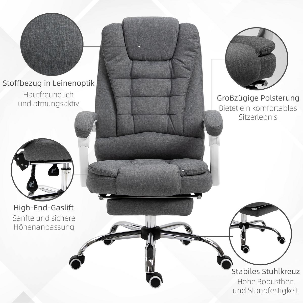 BÜROSTUHL höhenverstellbarer Schreibtischstuhl mit Fußstütze, Leinenoptik Grau - Grau, Metall (70/118/65cm) - Vinsetto
