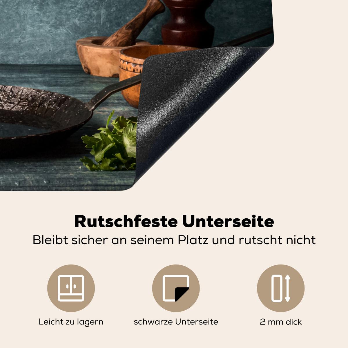 HERDABDECKPLATTE Kräuter - Gewürze - Pfanne - Messer - Grau - Rustikal Herdabdeckung Induktionsfeld 75x52 cm - Petrol, Kunststoff (75/52/0.2cm) - MuchoWow