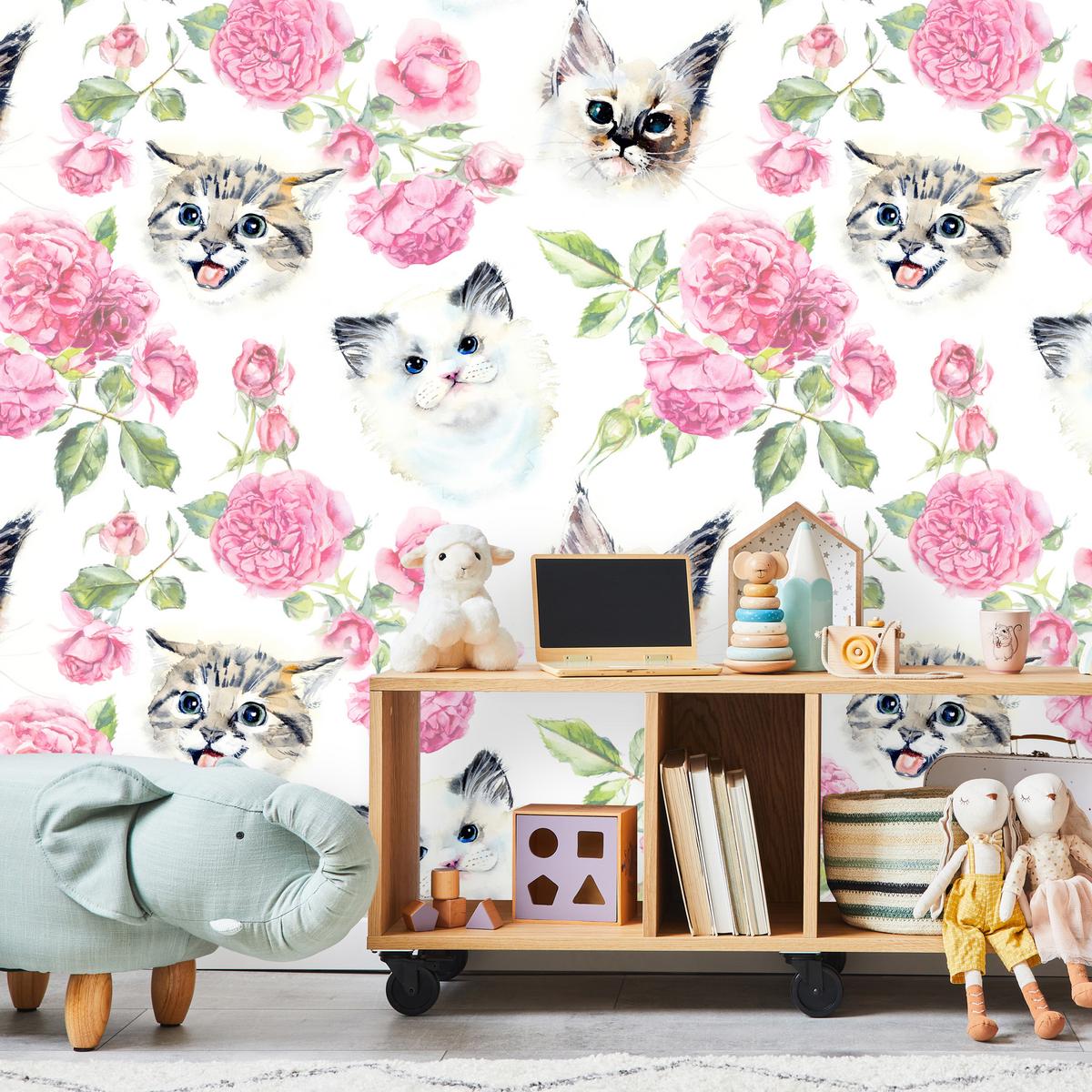 FOTOTAPETE für Badezimmer Kätzchen Rosen Blumen 150x105 - Beige/Rosa, Papier (150/105cm) - Muralo