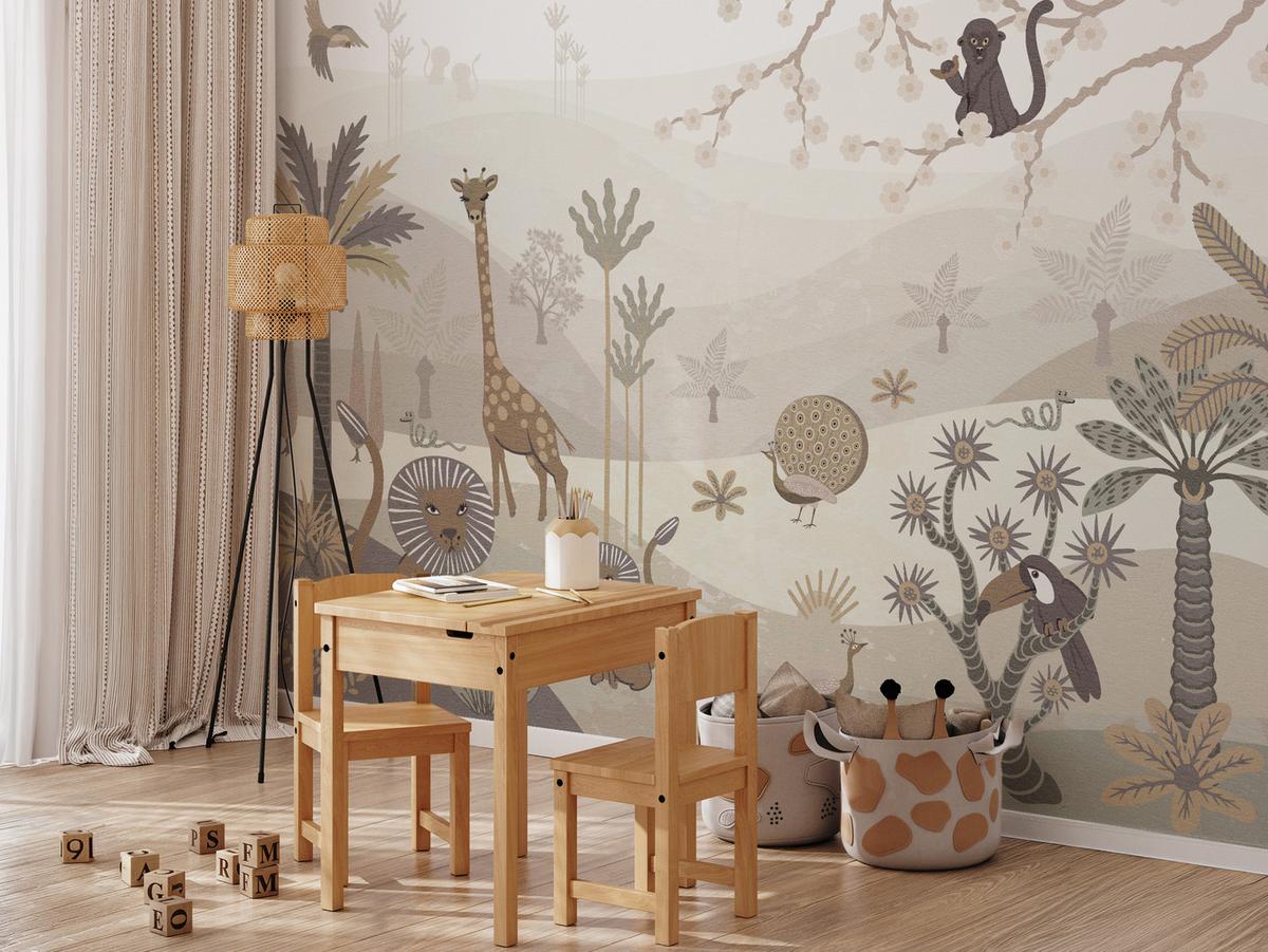 FOTOTAPETE für Kinderzimmer Safari Wilde Tiere Dschungel Boho Palmen Giraffe 400x280 - Beige/Creme, Papier (400/280cm) - Muralo