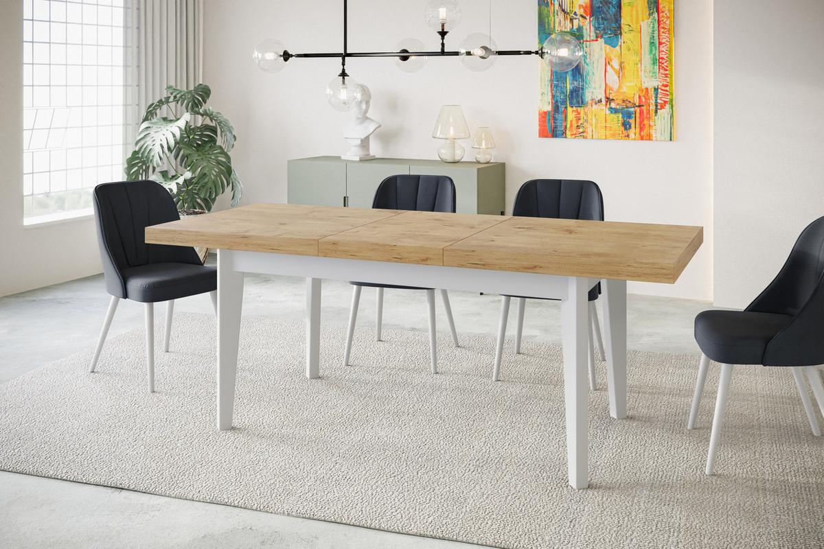 RECHTECKIGER Esszimmertisch SKANDI, ausziehbarer Tisch, Größe: 200-300X100X78 cm, Wohnzimmertisch Farbe: LANCELOT, mit Holzbeinen in Farbe Weiß - Beige/Weiß, Holzwerkstoff (200/100/78cm) - Alpi-Möbel