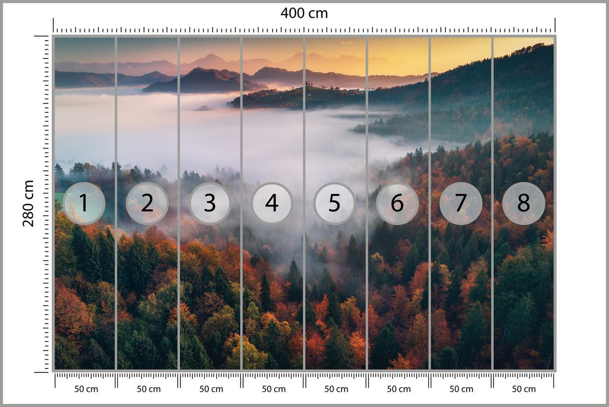 FOTOTAPETE für Wohnzimmer Nebelwald Sonnenuntergang Berge Bäume 400x280 - Beige/Rot, Papier (400/280cm) - Muralo