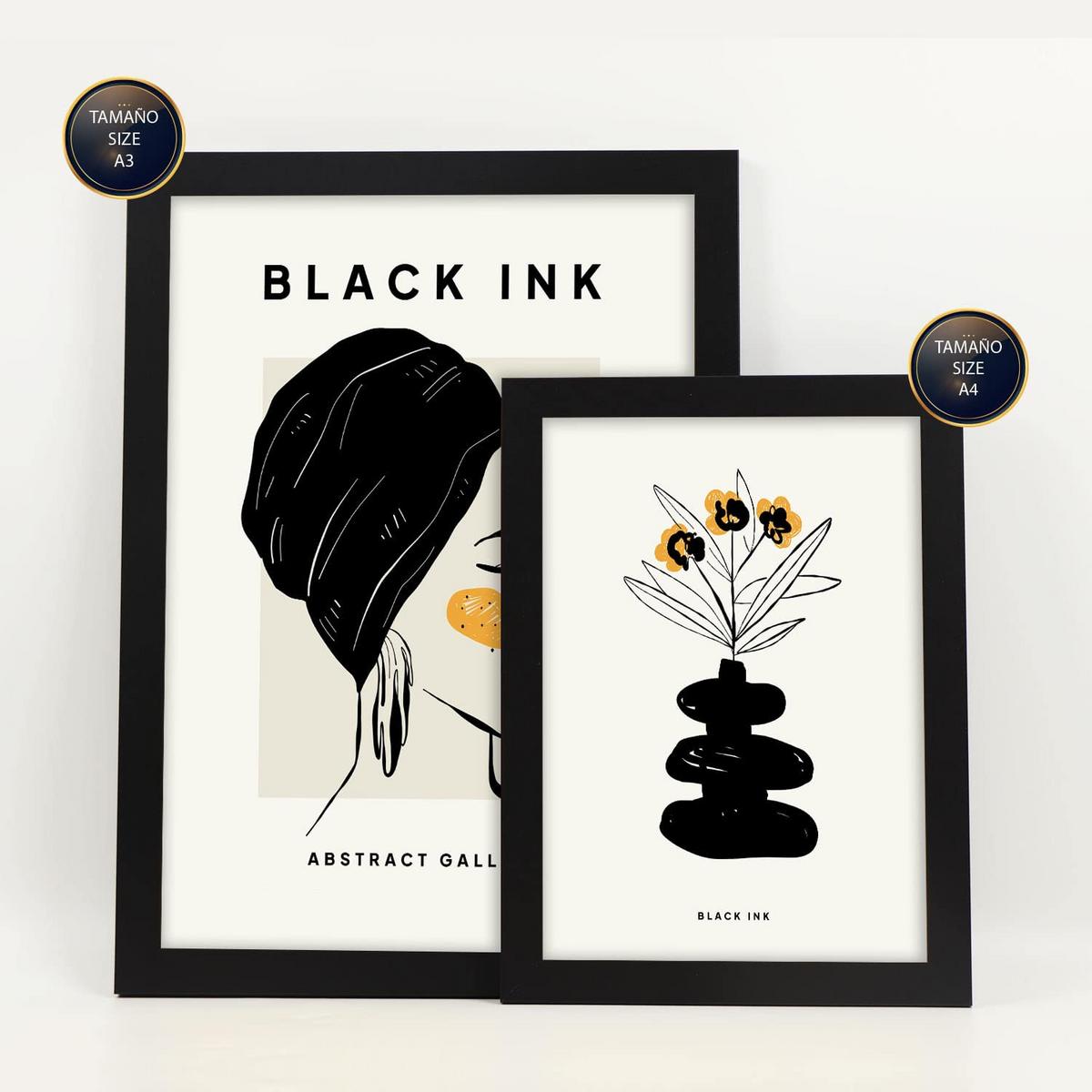 POSTER Set Mit 6 In Schwarzer Tinte Natürlich Künstlerische Und Abstrakte Drucke Für Innenarchitektur A3 & A4 Schwarzer Rahmen - Schwarz, Papier (29/3cm) - Nacnic