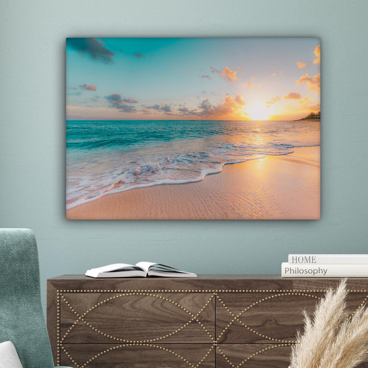 LEINWANDBILD Sonnenuntergang - Strand - Meer - Sommer - Blau Wandbilder 80x60 cm - Multicolor, Textil (80/60cm) - MuchoWow