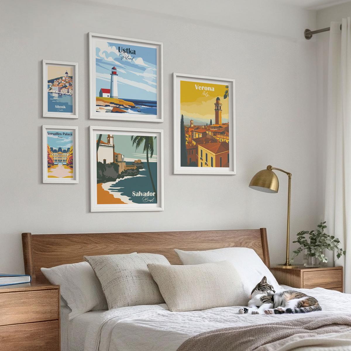 BILDER SET 5er Set - 50x50 cm & 20x30 cm & 40x60 cm Weißer Rahmen - Europäische Städte in farbigen Illustrationen - Weiß, Kunststoff (40/60cm) - TULUP