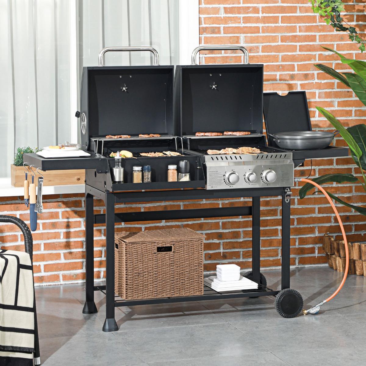 GASGRILL mit 2+1 Brenner, Thermometer, 3kW BBQ Holzkohlgrill mit Regal - Schwarz, Metall (54/103/161cm) - Outsunny