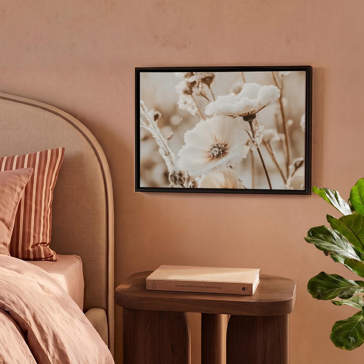 LEINWAND Bilder mit Rahmen - Blumen - Winter - Weiß - Schnee - Beige - 40x30 - Creme, Textil (40/30cm) - MuchoWow