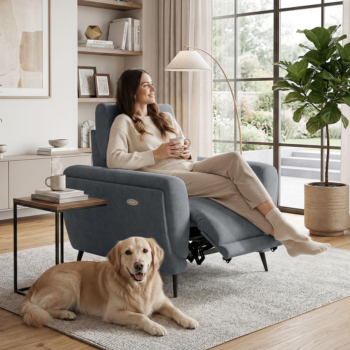RELAXSESSEL Comfort, mit elektrischer Verstellung und verstellbarer Kopfstütze, Dunkelgrau - Dunkelgrau/Schwarz, Textil (103/97/102cm) - Beautysofa