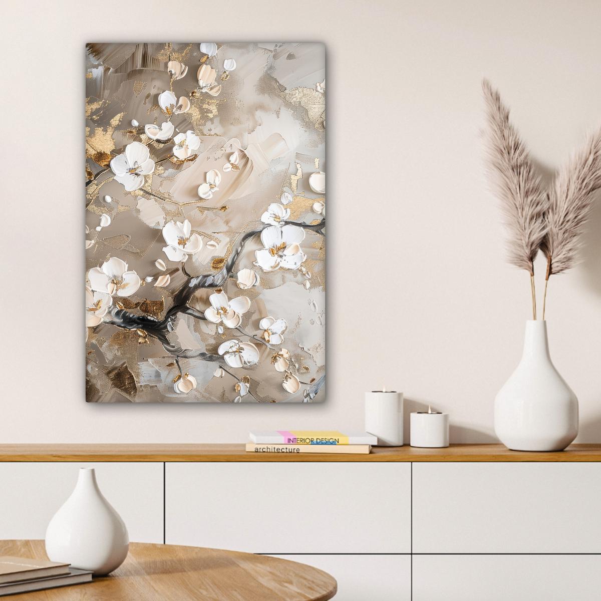 LEINWANDBILD Blumen - Weiß - Gold - Beige - Luxus Wanddeko 40x60 cm - Greige, Textil (40/60cm) - MuchoWow