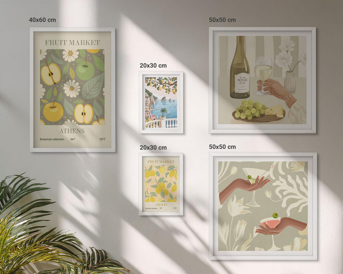 BILDER SET 5er Set - 50x50 cm & 20x30 cm & 40x60 cm Weißer Rahmen - Vintage-Poster mit Fruchtmustern - Weiß, Kunststoff (40/60cm) - TULUP