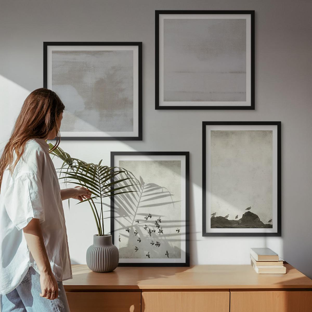 BILDER SET 4er Set - 50x50 cm & 40x60 cm Schwarzer Rahmen - Minimalistische Vögel im Flug - Schwarz, Kunststoff (50/50cm) - TULUP