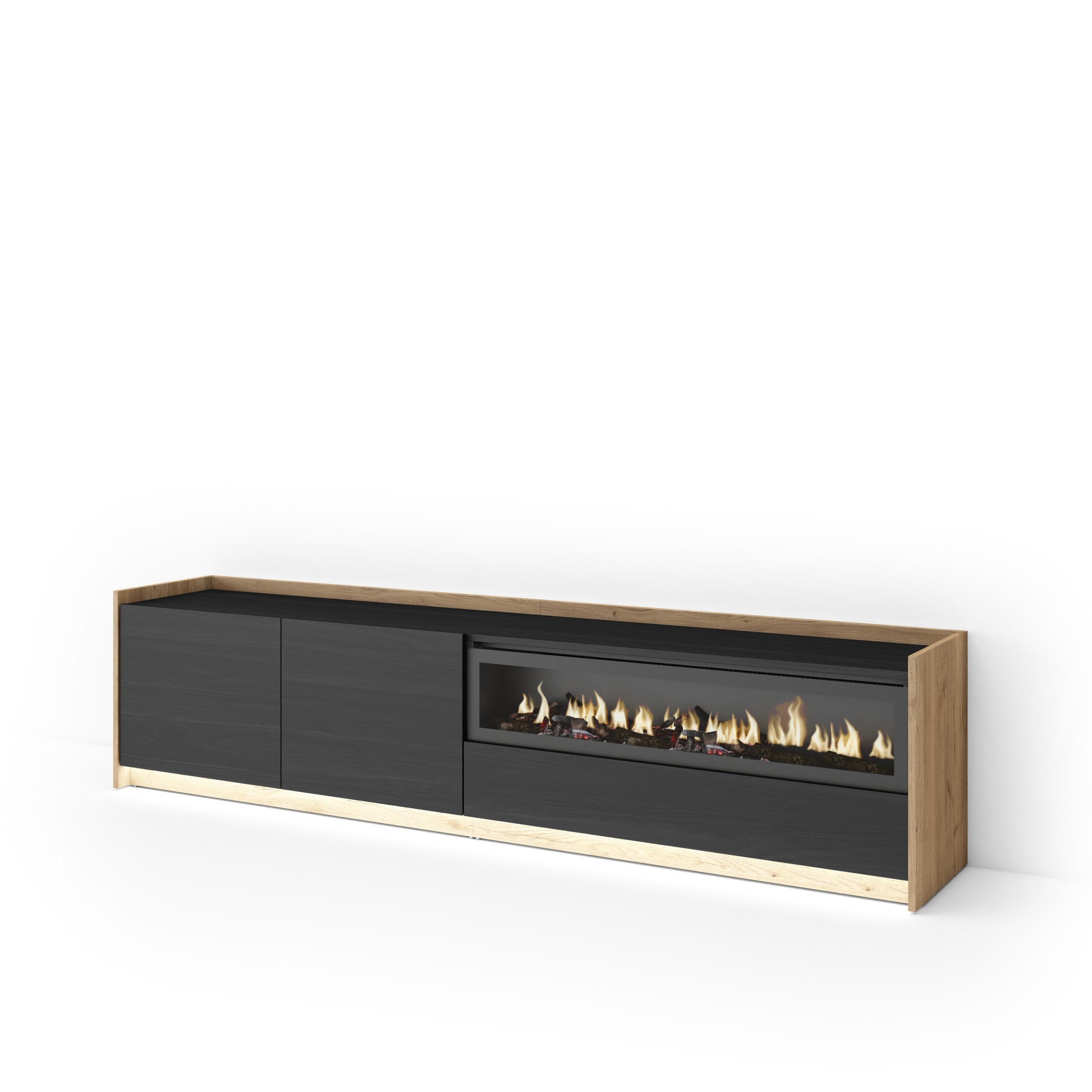 LOWBOARD, Schwarz und Eiche, 207/37/50cm, Kamin mit Feuereffekt - Schwarz, Holzwerkstoff (207/50/37cm) - Skraut Home