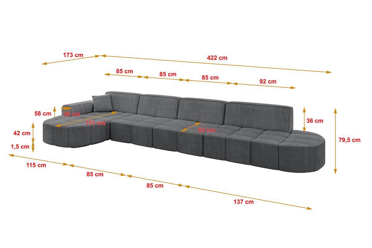 ECKSOFA Ottomane Links LIVO-L3 - 422x173x79,5 cm Dunkelgrau - Dunkelgrau, Holzwerkstoff/Textil (422/173cm) - ALTDECOR