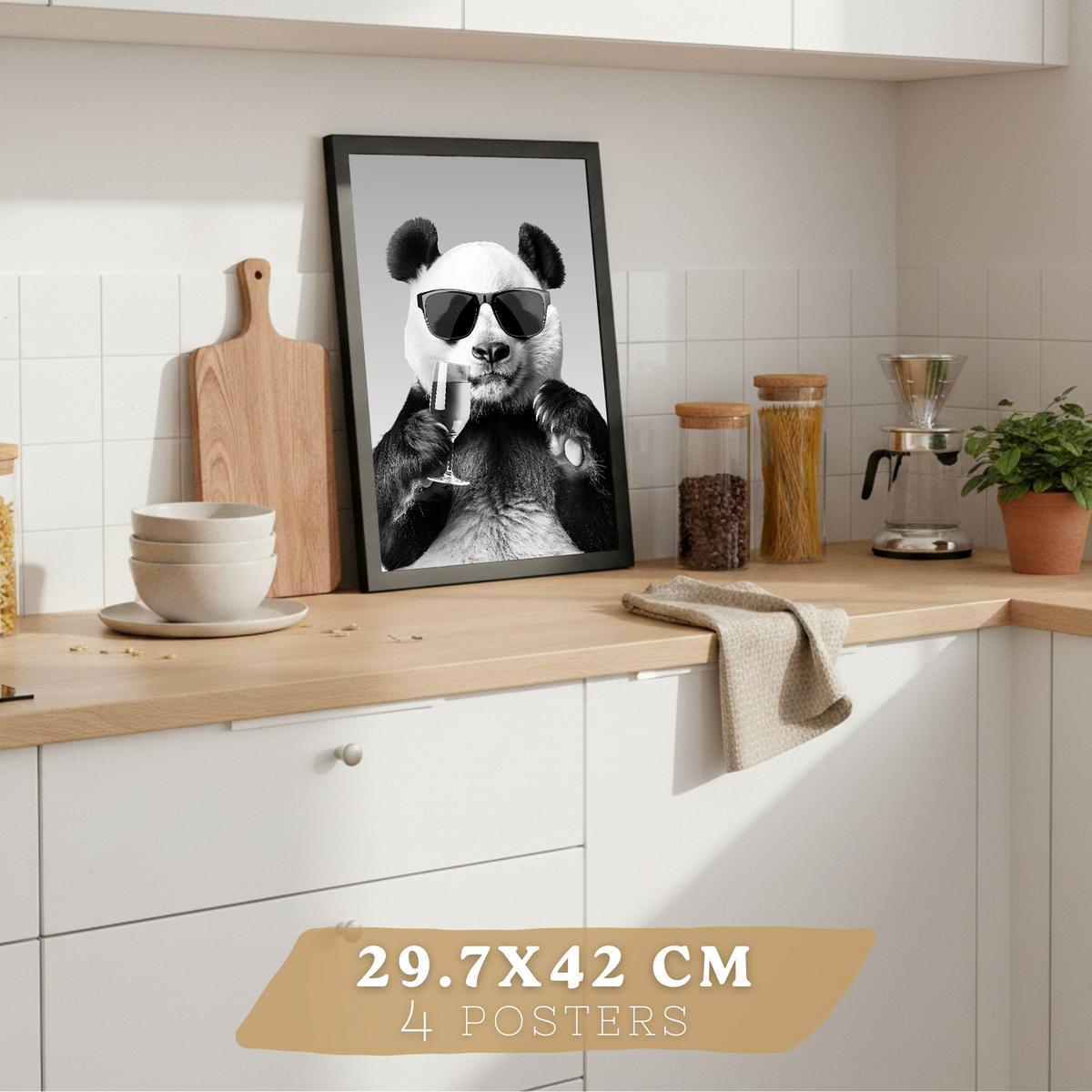 POSTER 4er Set Lustige Tiere Schwarz Weiß Wandbilder Hase Panda Golden Retriever Koch Küche Deko Schwarzer Rahmen A4 - Schwarz, Papier (29.7/1/21cm) - Nacnic