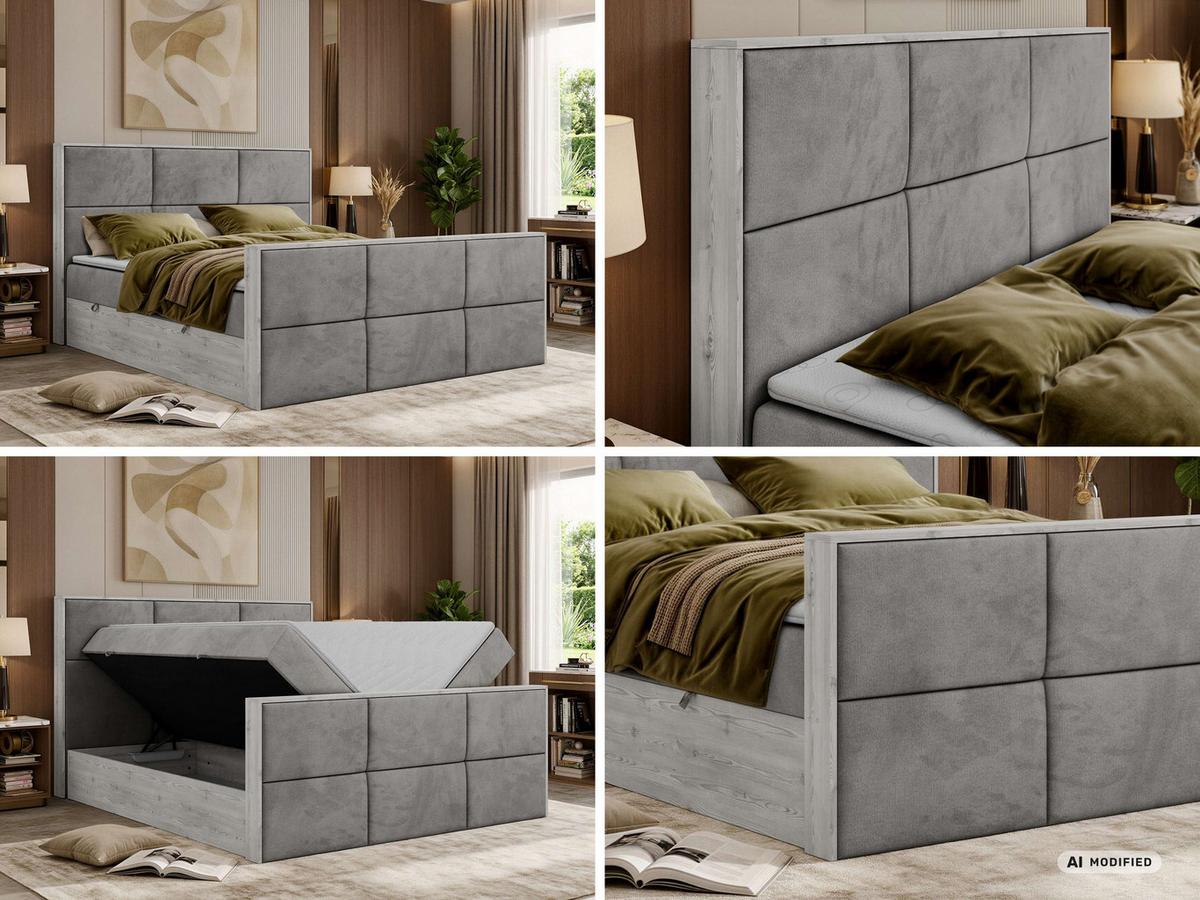 BOXBETT DELNOR DUO 140/200 - Hellgrau Velvet - Topper T25 - H4 - Hellgrau/Schwarz, Kunststoff/Textil (140/200cm) - MKS