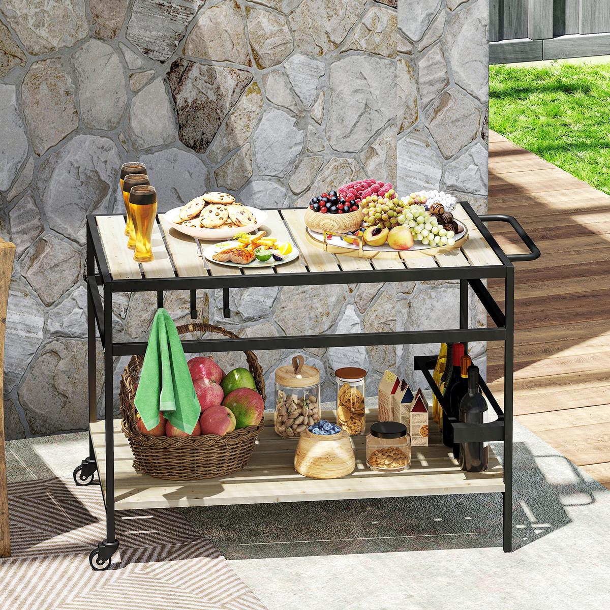 SERVIERWAGEN, Barbecue Trolley mit 2 Regalen, Haken für Garten, Balkon, Natur - Fichtefarben, Metall (65/80/107cm) - Outsunny