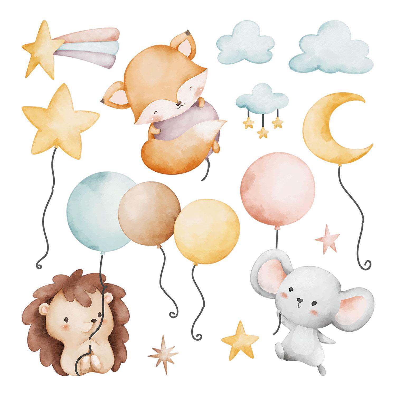 WANDAUFKLEBER 60x104cm - Tiere mit Luftballons - Multicolor, Kunststoff (60/104/0.1cm) - Wallfluent