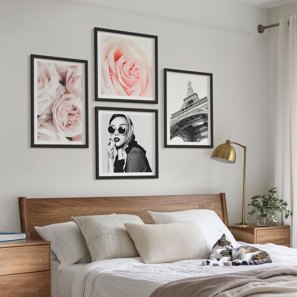 BILDER SET 4er Set - 50x50 cm & 40x60 cm Schwarzer Rahmen - Eiffels Porträt einer Frau mit Rosen - Schwarz, Kunststoff (50/50cm) - TULUP